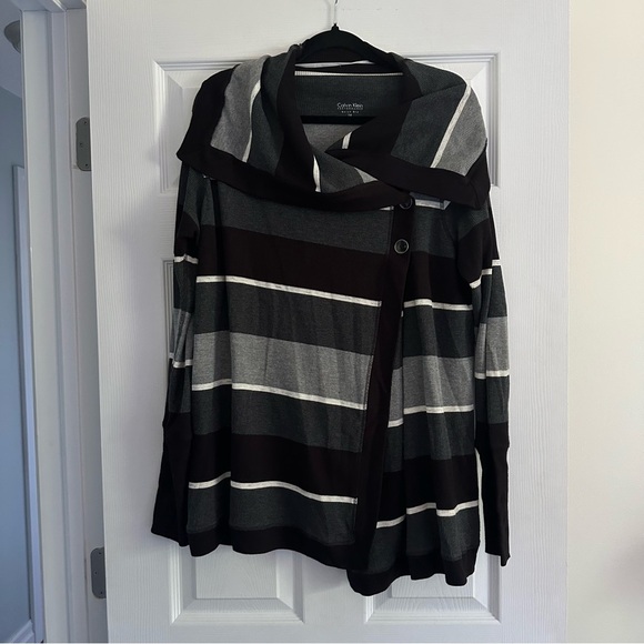 Size 1X Calvin Klein Performance Cardigan Striped Gray Black Waterfall Sweater - Picture 2 of 7